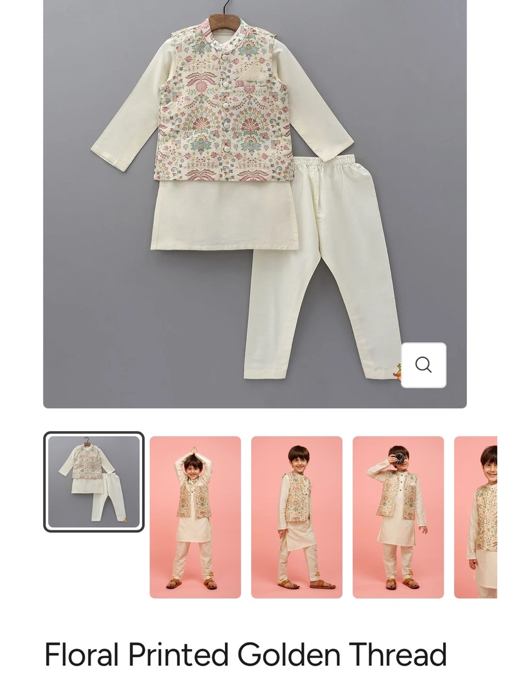 Kids Cream Floral Printed Pajama Set with Golden Thread